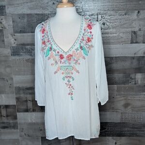 Johnny Was White Tunic with Floral & Peacock Embroidery